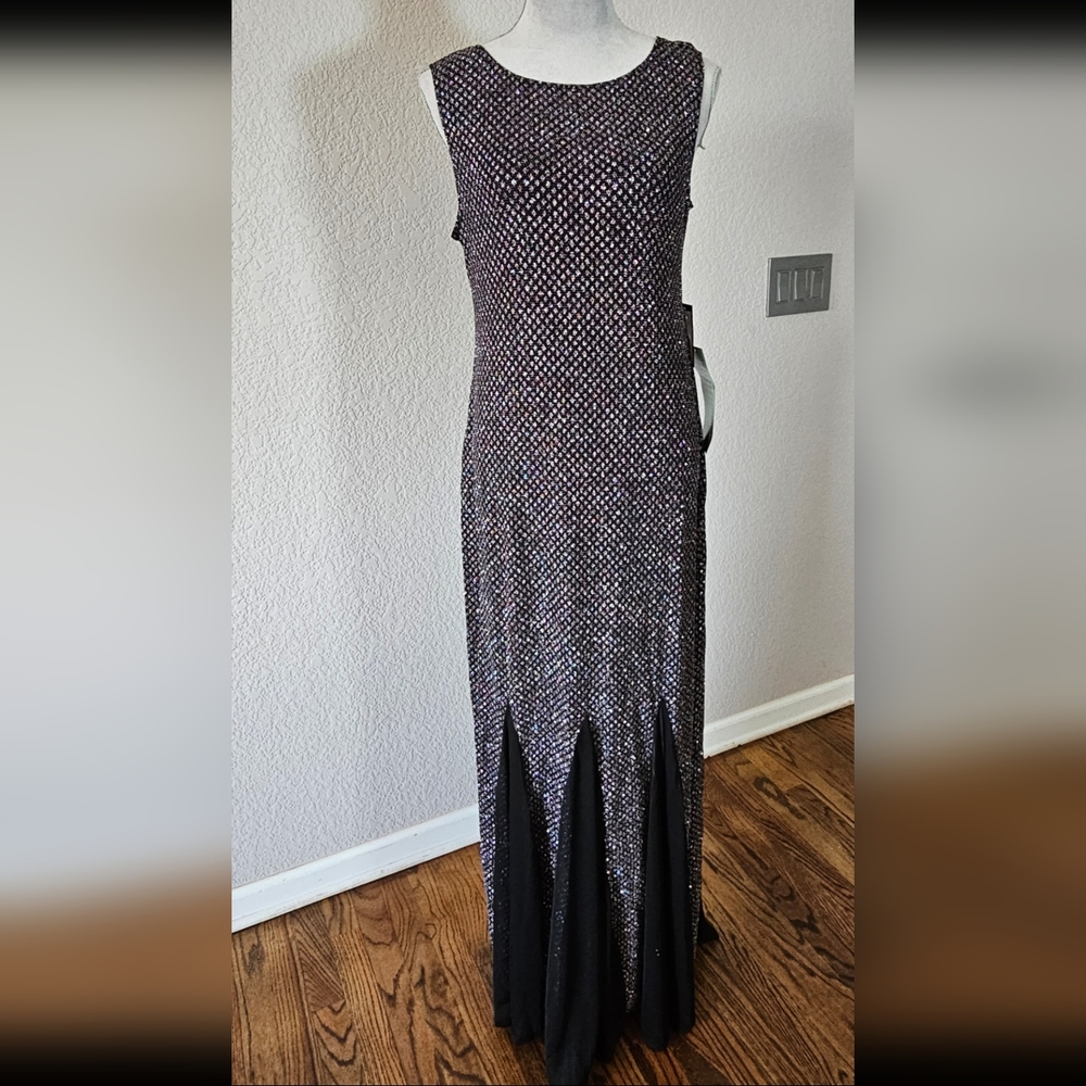 Sleeveless mermaid godet hem sparkle black mesh maxi dress gown size 12